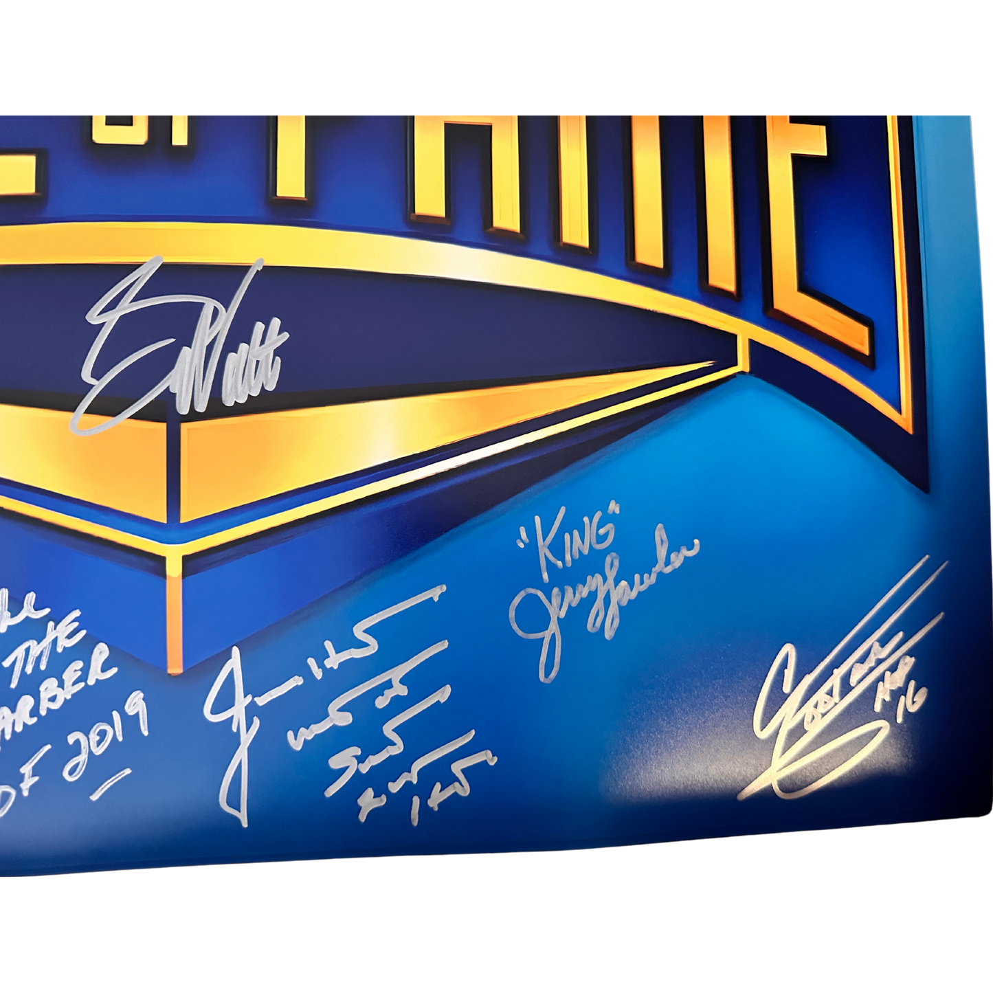 Signed Blue WWE Hall of Fame Photo 16x20 8 Signatures
