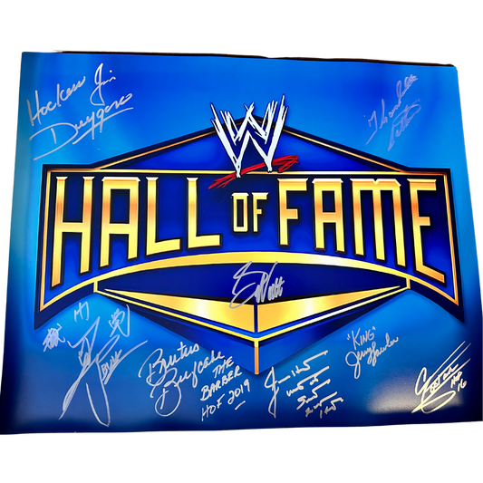 Signed Blue WWE Hall of Fame Photo 16x20 8 Signatures